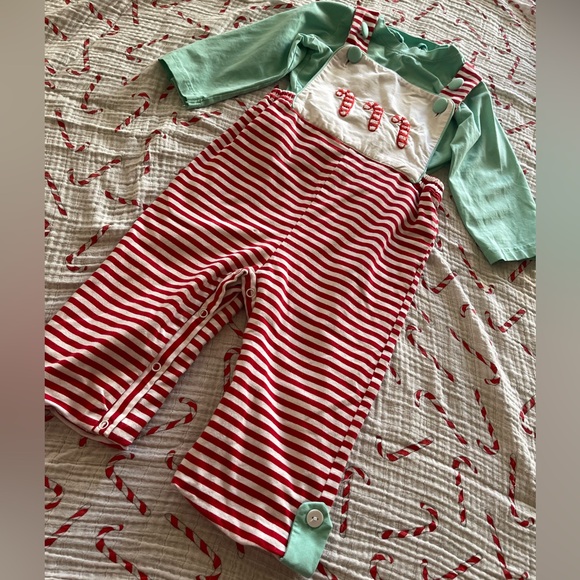 Other - Sugar Dumplin Toddler Boy French Knot Candy Cane and Mint Green Overalls